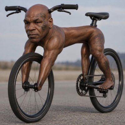 A surreal image of Mike Tyson's head and muscular body awkwardly crouched atop a bicycle on a road. The post's hashtag "#biketyson" and playful tone suggest this is a meme referencing the absurd, meme-worthy nature of the "$biketyson" crypto token.