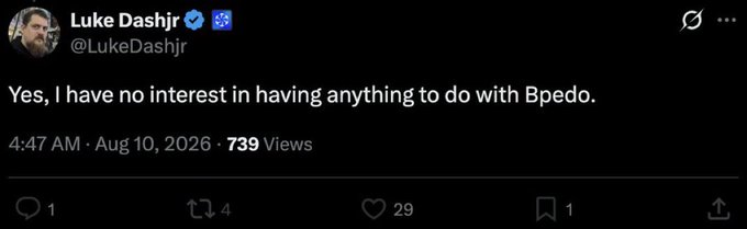 A tweet from Luke Dashjr (@LukeDashjr) dated Aug 10, 2026, stating: 'Yes, I have no interest in having anything to do with Bpedo.'