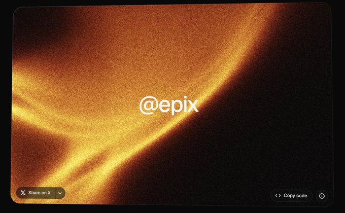 An abstract digital graphic with a wavy golden-orange textured background displaying the text '@epix' in the center, with share and copy code options at the bottom.