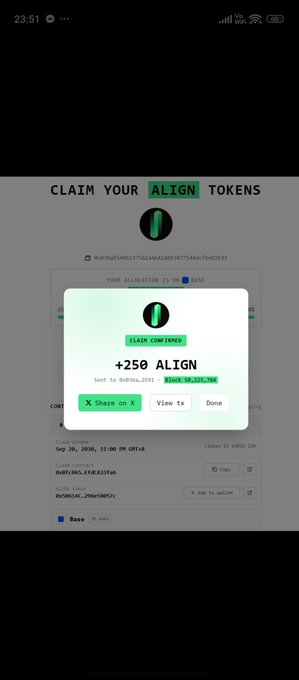 A mobile screenshot of an 'ALIGN TOWENS' airdrop claim page showing a claim of '+250 ALIGN' sent to a wallet address, with a clock reading 23:51.