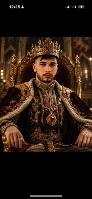 A vertical smartphone screenshot showing a young man wearing an ornate golden crown and royal red and gold robes, sitting on a throne in a grand hall.