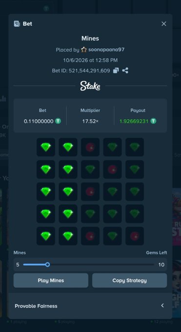 A Stake Mines betting interface showing a bet of 0.11000000 with a 17.52x multiplier and 1.92669231 payout, displaying a 5x5 grid of gems and mines.