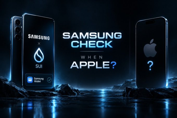 A promotional graphic asking 'SAMSUNG CHECK WHEN APPLE?' showing a Samsung phone with the SUI logo and Samsung Wallet alongside an iPhone displaying a question mark.