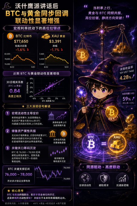 A Chinese financial infographic titled 'BTC与黄金同步回调' analyzing the correlation between Bitcoin and Gold, featuring an anime wizard character, BTC/Gold charts, and noting a 0.84 correlation coefficient over 30 days.