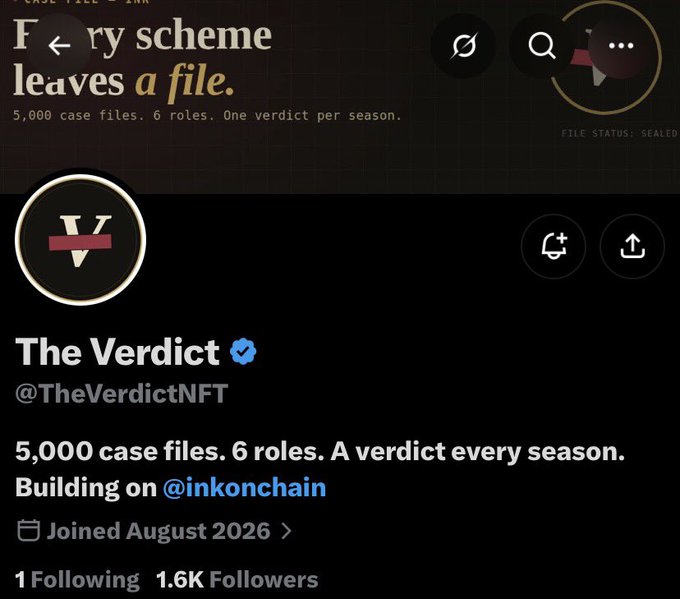 A Twitter/X profile for "The Verdict" (@TheVerdictNFT) with the tagline "5,000 case files. 6 roles. A verdict every season. Building on @inkonchain," joined August 2026 with 1.6K followers.