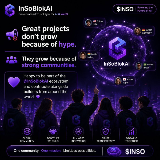 A dark-themed promotional image for InSoBlokAI ($INSO), highlighting its decentralized trust layer and global community of builders from USA, Germany, India, Brazil, and Japan.