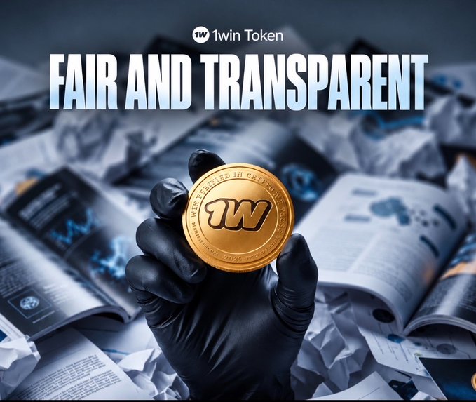 A promotional graphic for '1win Token' featuring the text 'FAIR AND TRANSPARENT' above a black-gloved hand holding a gold coin marked '1W' over a background of crumpled papers and charts.
