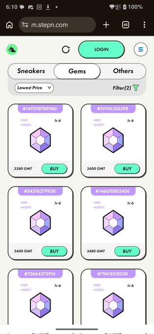 The image shows a phone screen displaying an app called "Stepn" with a list of items for sale, including purple and green gemstones. The app also has a search bar that allows users to find specific items or browse through the available options. The background color is white, which contrasts nicely with the colorful gemstone images on the app's interface.
