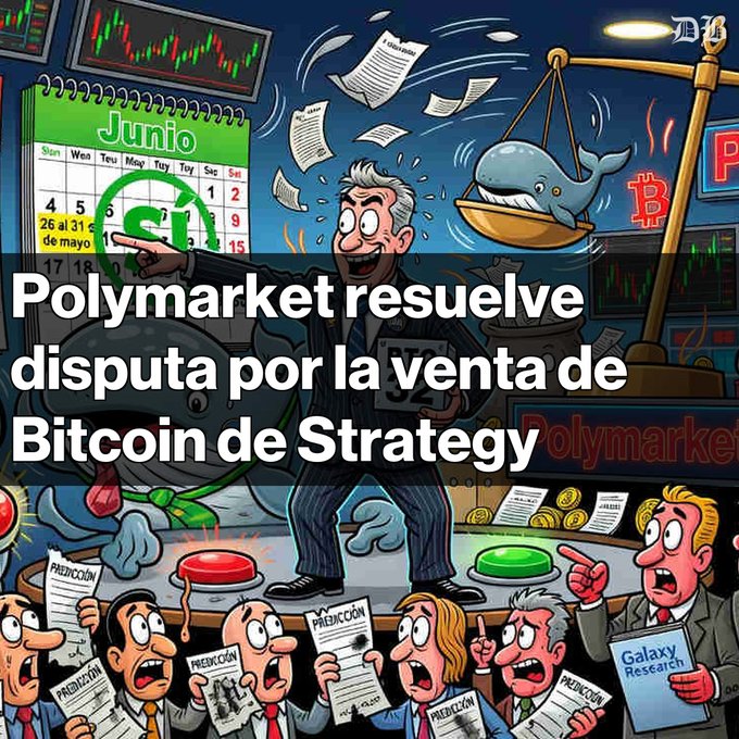 The image features a cartoon scene of people gathered around a table with papers scattered about them. The main character, who appears to be a man dressed in a suit, stands at the center of the scene holding a book titled "Polymarket resuelve la disputa por la venta de la venta de Bitcoin de Strategy". The group of people surrounding him are engaged in discussions and debates related to the topic. The image also includes text that reads: "La venta de BTC en mayo se determinó como 'no' debido a su divulgación en junio. Tenedores de UMA influenciaron la decisión, generando críticas sobre la gobernanza DeFi".