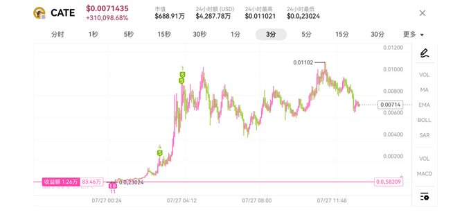 A 3-day candlestick chart of the CATE meme coin shows a sharp rally from $0.002024 to a peak of $0.01102, with the current price at $0.0071435 (+310,098.68%), accompanied by a market cap of $688.91K and 24-hour trading volume of $4,287.78K—reflecting the volatile post-launch gains the trader references while "fighting dogs on-chain."