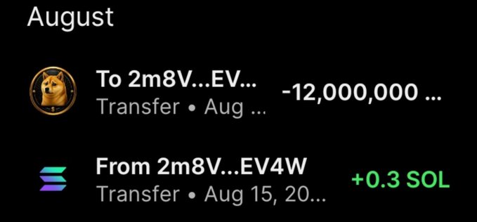 A dark-themed cryptocurrency transaction history showing a transfer of -12,000,000 to '2m8V...EV...' and a transfer of +0.3 SOL 'From 2m8V...EV4W' on August 15th.