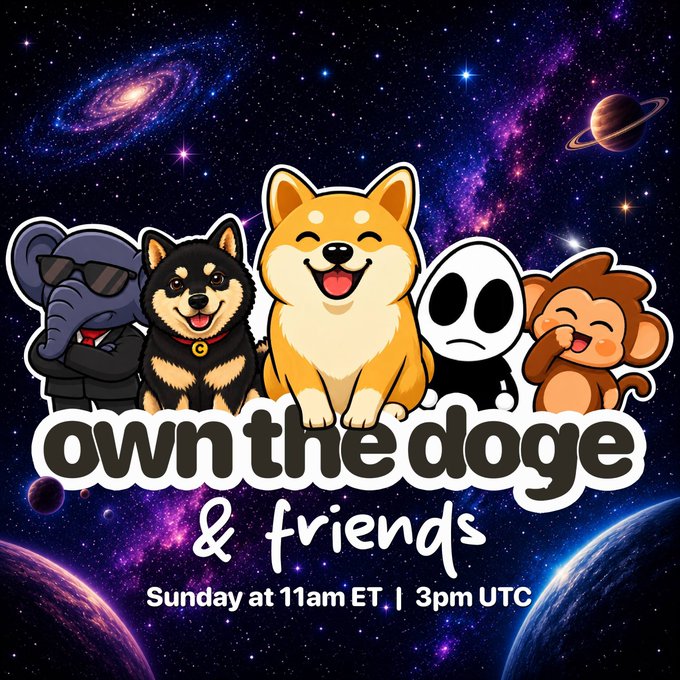 The image is a promotional graphic for "ownthedoge & friends," airing Sunday at 11am ET / 3pm UTC, featuring cute cartoon characters—including a Shiba Inu, a black Shiba, an elephant in sunglasses, an alien, and a monkey—against a cosmic space backdrop with galaxies and planets. While the text mentions a poker tournament with Genesis TG Pack holders competing for a Bronze Doge Statue and a share of the PlaySOPO 150 USD prize pool, the image itself appears to be a general show promo rather than directly depicting the tournament.