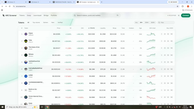 A screenshot of the ARC Screener website displaying a token leaderboard with top entries including Angus (ARCUS), Tally (TALLY), The Duke of Arc (MGTA), and several others with their prices, market caps, and 24-hour performance metrics.