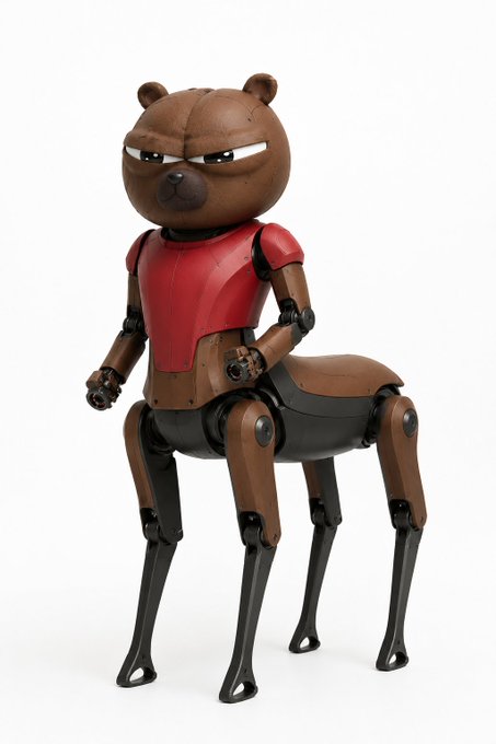 A 3D-rendered toy figure featuring a brown bear-like head with an angry expression, wearing a red chest plate and mounted on a robotic body with four brown and black mechanical legs.