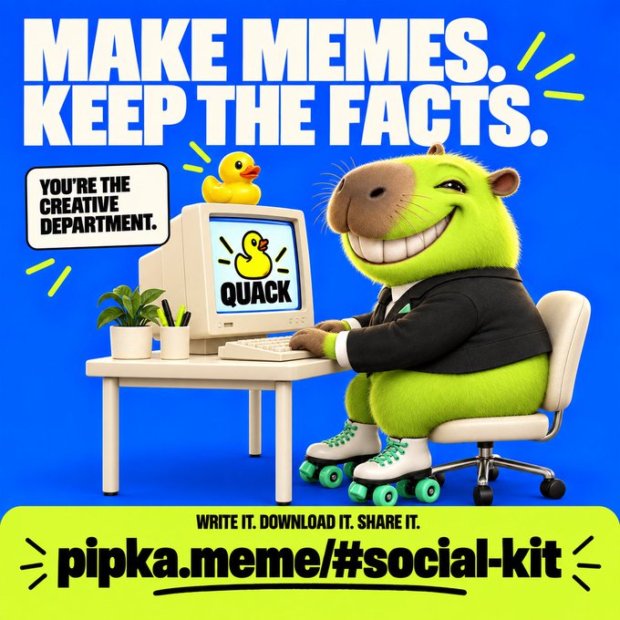 Meme marketing poster featuring a capybara in a business suit at a computer with a rubber duck, text reading 'MAKE MEMES. KEEP THE FACTS.' and 'pipka.meme/#social-kit'.