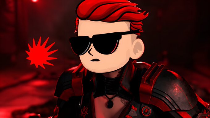 A stylized cartoon character with red hair, black sunglasses, and red-and-black armor stands against a dark red background with a red starburst graphic.