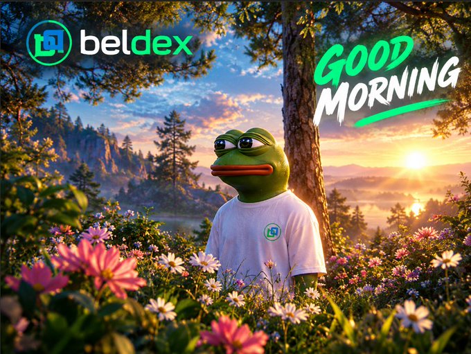 A digital image featuring the 'beldex' logo and 'GOOD MORNING' text alongside a Pepe the Frog character wearing a branded t-shirt in a scenic outdoor setting.