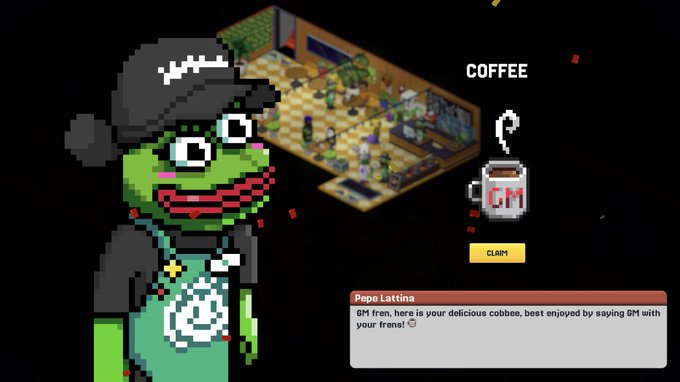 A pixel art game screenshot showing a green frog-like barista in a coffee shop with text: 'COFFEE', 'CLAIM', 'Pope Latrina', 'GM fren, here is your delicious cobbee, best enjoyed by saying GM with your frens!'.