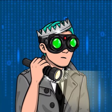 A digital illustration depicts a young man wearing a silver crown, green-lensed goggles, and a trench coat, holding a flashlight against a blue digital background.