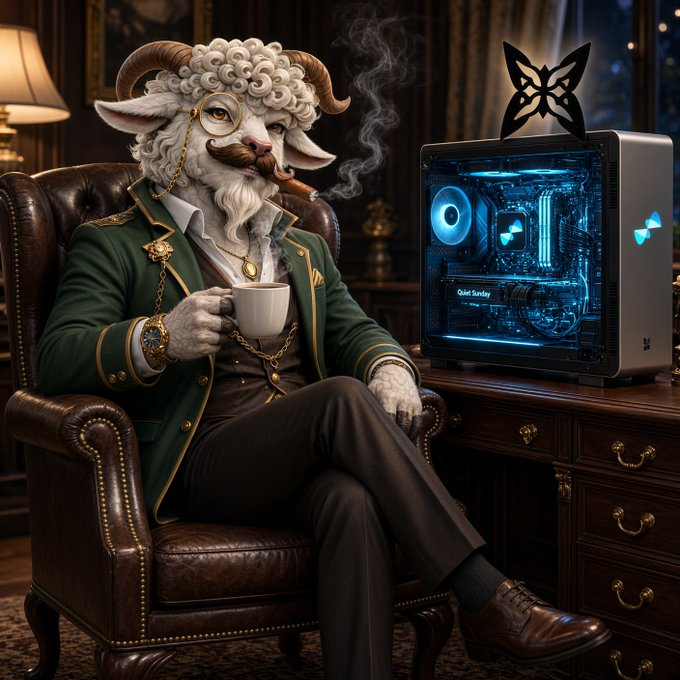 An anthropomorphic sheep character with curly wool, a monocle, and a curled mustache sits in a leather armchair wearing a green Victorian-style coat while smoking a cigar and holding a coffee cup next to a glowing PC.