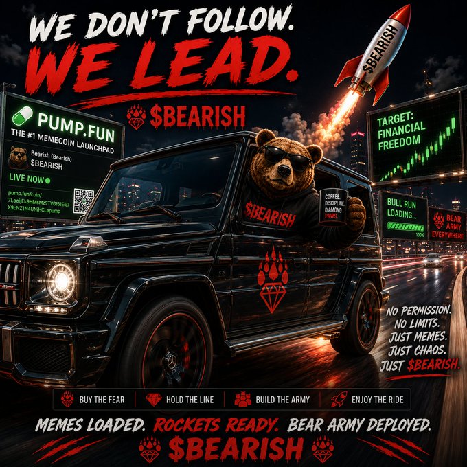 A promotional graphic for the $BEARISH memecoin on pump.fun, featuring a bear in sunglasses driving a black SUV with a rocket labeled '$BEARISH' and text reading 'WE DON'T FOLLOW. WE LEAD.' along with phrases like 'MEMES LOADED. ROCKETS READY. BEAR ARMY DEPLOYED.'