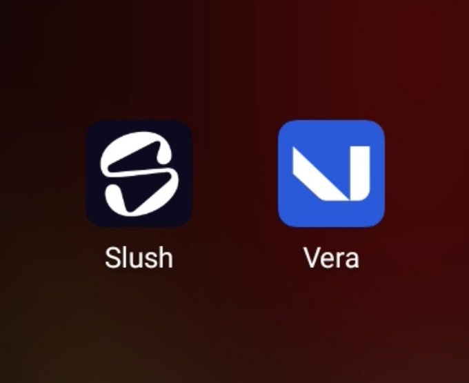 Two app icons are displayed on a dark red background: 'Slush' with a stylized white logo and 'Vera' in blue.