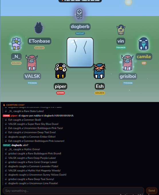 The image shows a lobby screen of the game "Pika" with players like dogberb (Fatcat), ETonbase (Golden), vin, camille (VP), VALSK (Tycoon), piper (Admin), Esh (Golden), and grisiboi (Tycoon), alongside a campfire chat where various users catch fictional creatures like Slates and Grubba. The image promotes the beta test of "Pika's browser game," showcasing in-game features including multiplayer rooms, role tags, and an active chat feed to entice players to join.