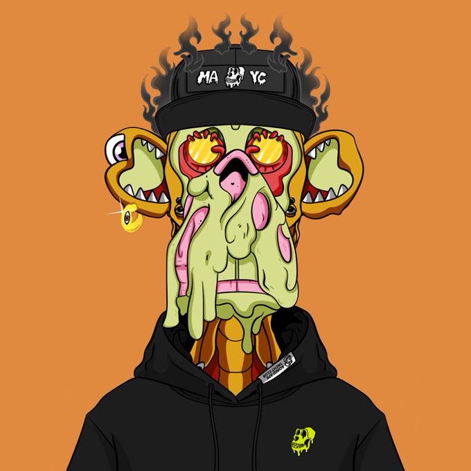 A cartoon illustration of a melting green zombie-like character with a skull cap, flaming head, and 'MAKE YOURSELF' tag, wearing a black hoodie.