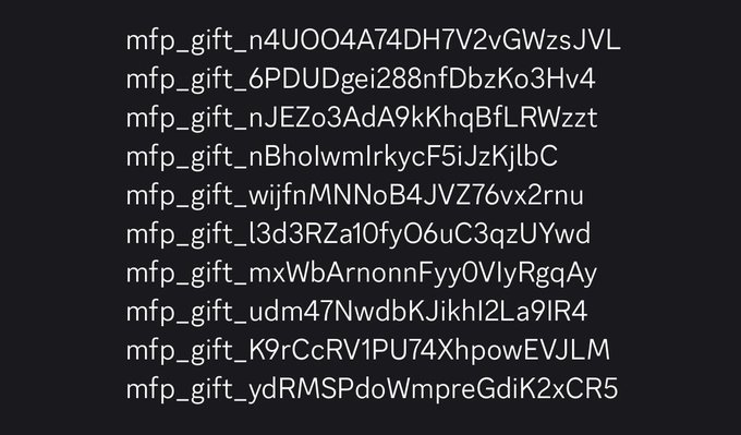 A black screen displaying a list of ten randomized text strings, each beginning with 'mfp_gift_'.