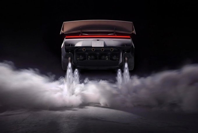 A Tesla Roadster is shown mid-flight with rocket thrusters firing and smoke billowing below, featuring a "ROADSTER" nameplate above its quad exhausts. The dramatic image captures the moment from SpaceX's 2018 Falcon Heavy test launch, which famously sent Elon Musk's personal Tesla Roadster into space—making it the post's reference point for Musk's seemingly unbelievable achievements.