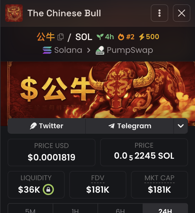 This image shows a cryptocurrency token named "The Chinese Bull" ($公牛) on Solana, with a current price of $0.0001819 USD and a market cap of $181K. The accompanying post mentions that over 1000 people have received its airdrop.