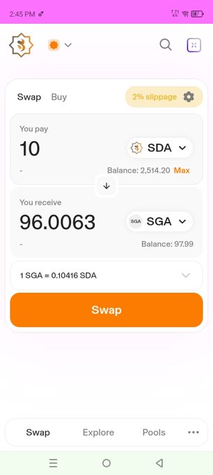 A cryptocurrency swap interface showing 10 SDA being exchanged for 96.0063 SGA at a rate of 1 SGA = 0.10416 SDA, illustrating the "bag more sidra" call to action referenced in the post.