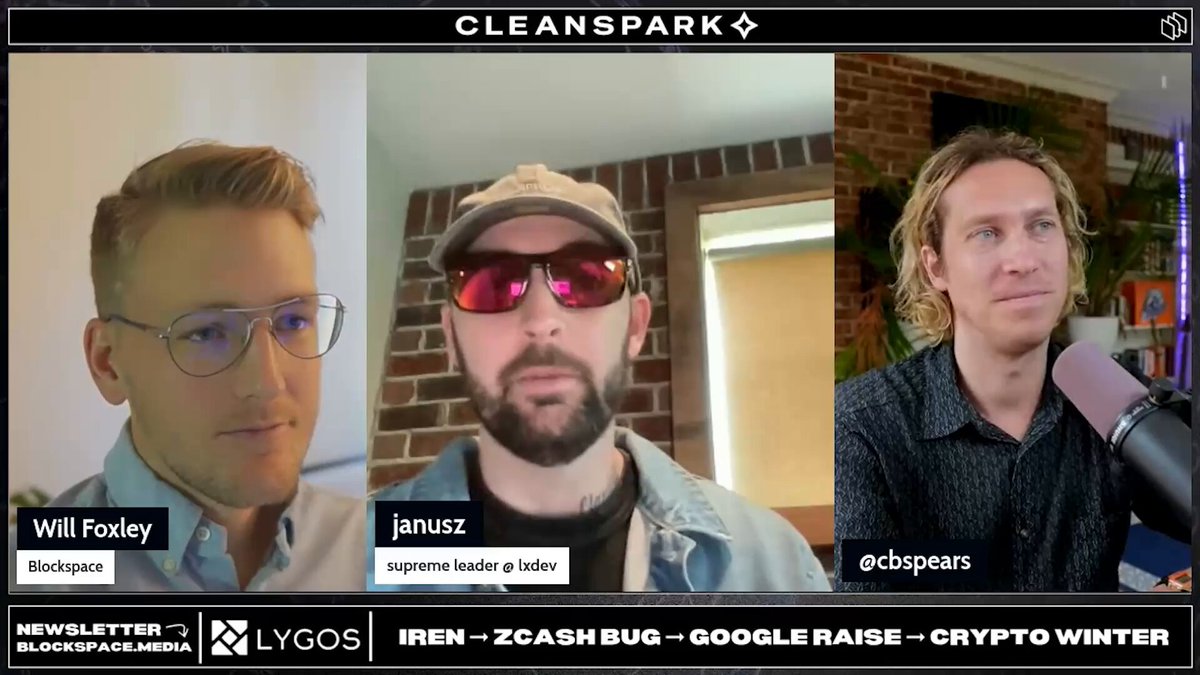 The image shows a computer screen with three men's faces displayed, each wearing sunglasses. They are sitting around a table or a desk, possibly engaged in a conversation. The background of the image features a brick wall, which adds an interesting visual element to the scene. The caption below the image reads "That'S why @decred and not @Zcash is the way!", indicating that the men's choice of eyewear might be related to their discussion or topic of interest.