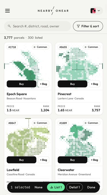 A mobile app screenshot from 'Nearby/Onear' showing a marketplace of digital land parcels for sale, with listings including 'Epoch Square' (1.5 NEAR), 'Pinecrest' (1.65 NEAR), 'Lowfield', and 'Clearwater'.