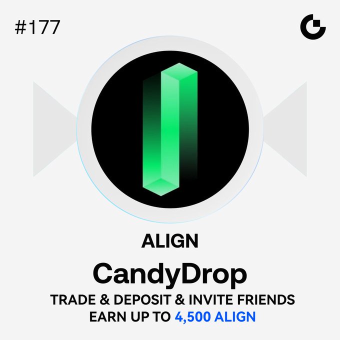 A promotional graphic for the ALIGN Token CandyDrop event (#177) featuring a green crystal logo on a black circular background, advertising rewards of up to 4,500 ALIGN tokens for completing trading, deposit, and referral tasks before the event ends.