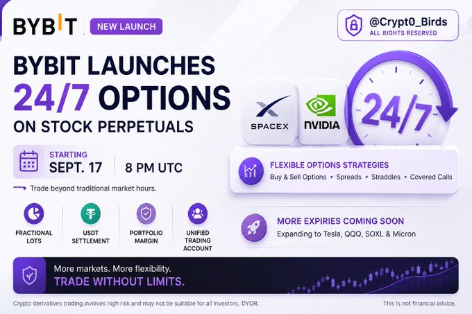 A promotional graphic for Bybit announcing 'BYBIT LAUNCHES 24/7 OPTIONS ON STOCK PERPETUALS' starting September 17 at 8 PM UTC, featuring SpaceX and Nvidia logos.