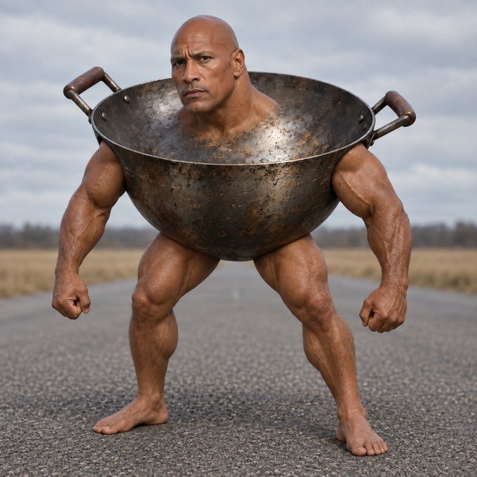 A surreal digital composite image shows a muscular man's head and limbs emerging from a large, weathered metal wok with handles, posed in a squatting stance on an asphalt road.