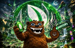 Artwork featuring a grinning brown bear character holding a Ripple (XRP) logo emblem and a smokestack labeled 'TRONCONTROL' in a vibrant green cityscape.