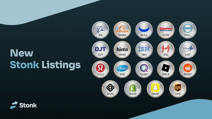 Stonk advertisement showcasing 'New Stonk Listings' with icons and tickers for BA, BABA, BULL, COST, DELL, DJT, HIMS, IBM, JNJ, LMT, LULU, PFE, QUBT, RBLX, RDDT, RVN, SHOP, SNAP, and UPS.