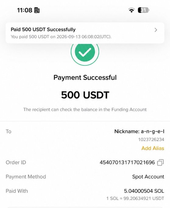 A mobile screenshot showing a successful payment confirmation of 500 USDT sent on 2026-09-13 at 06:08:02 UTC, paid from a Spot Account using 5.04000504 SOL (at a rate of 1 SOL ≈ 99.20634921 USDT) to nickname "a-n-g-e-l" with UID 1023726234, order ID 454070131717021696. This serves as proof for the user's claim of sending $500 to UID 1023726234 as part of their giveaway promotion.