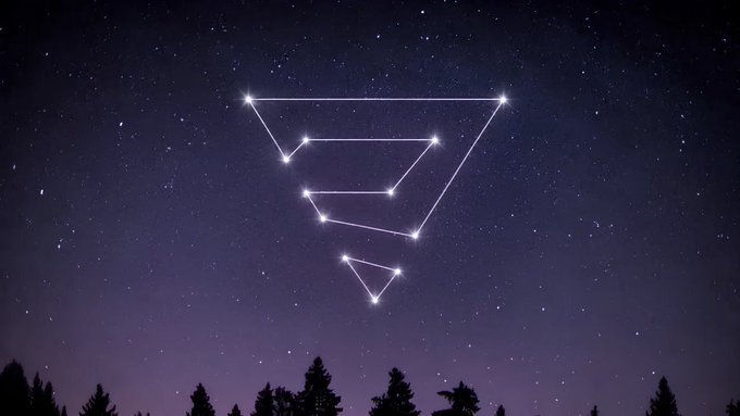 A starry night sky with geometric line constellations and silhouetted trees at the horizon.