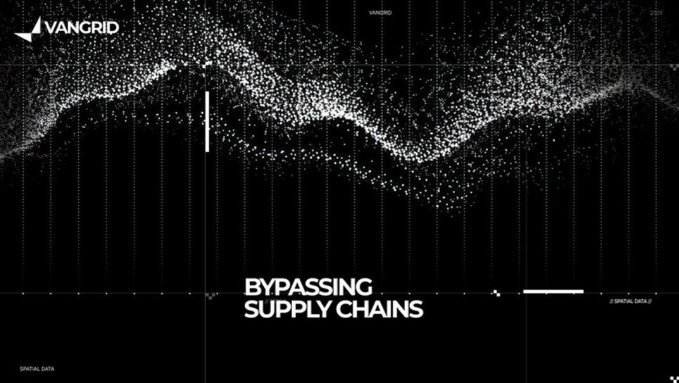 A dark-themed graphic for VANGRID featuring a dotted wave pattern and the text 'BYPASSING SUPPLY CHAINS.'