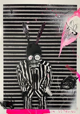 A dark, mixed-media artwork features a skeletal figure with bunny ears in a striped suit against horizontal black and white stripes, accented with pink paint splatters and graffiti-style markings.
