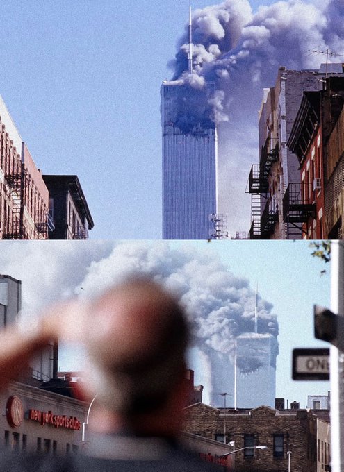 Two stacked photographs showing the World Trade Center towers engulfed in thick smoke during the September 11 attacks, with the bottom photo including a blurred foreground element and a "ONE WAY" sign.