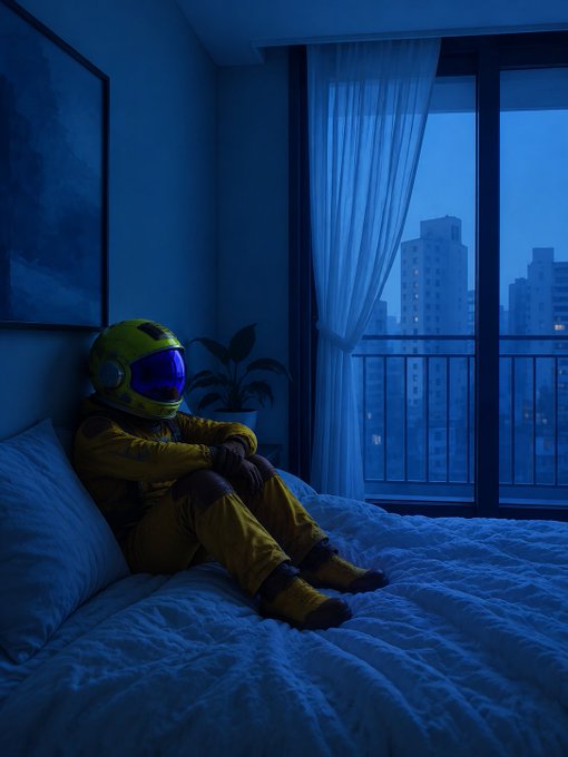 A moody, blue-lit illustration of a person wearing a yellow racing suit and helmet sitting contemplatively on the edge of a bed in an apartment overlooking city buildings.