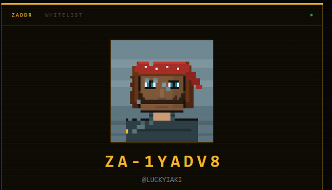 A pixel art avatar of a person with a red bandana appears on a dark interface titled "ZADDR WHITELIST" with the address "ZA-1YADV8" and handle "@LUCKYIAKI".