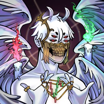 A reworked digital illustration depicts a pale, multi-eyed demonic figure with white hair, a sharp-toothed mask, and large feathered wings, holding a candlestick with green and red flames while conjuring a glowing heart-shaped sigil across its chest. The artwork features an ominous, otherworldly aesthetic with dark veins radiating in the background, reflecting the artist's polished and refined style in the reworked version.
