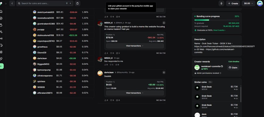 A screenshot of the Pump.fun crypto platform showing a meme coin called "Grok Desk Ticker - DESK" created by user WEKH with a price of $78.04 (down -13.90%), displayed alongside a post from "darkclarian" responding to a creator with "Deskkk" — appearing to show the creator interacting with community members who launched a token bearing his likeness, though the platform seems to be experiencing connectivity issues that are preventing him from managing or releasing an update to the community.