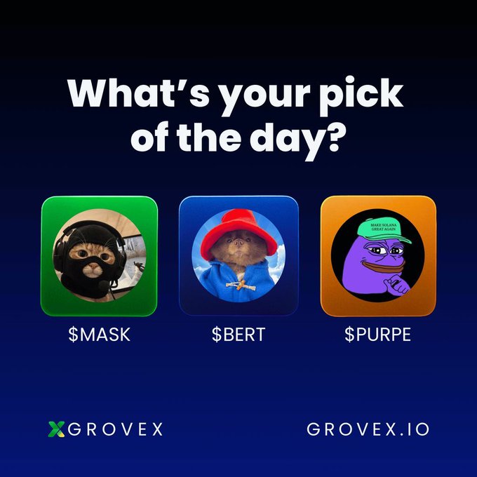 A promotional graphic for Grovex featuring meme coin characters with the text 'What's your pick of the day?' showing $MASK (cat in balaclava), $BERT (cat in red hat and blue jacket), and $PURPE (purple Pepe character in green cap).