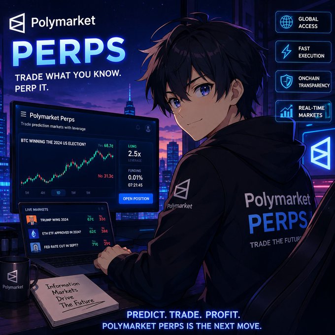An anime-style advertisement for 'Polymarket PERPS' featuring a dark-haired character at a trading desk with prediction markets visible on screens.